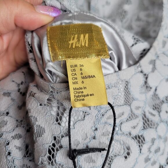 H & M Gray Silver Lace Satin Formal Dress - Picture 4 of 5
